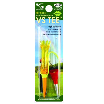 VS130 Koviss Royal TEE Koviss tee de golf profitez de la conception aérodynamique du VS TEE de golf facile à enfoncer dans le sol des hauteurs constantes un placement régulier et sûre de la balle une frappe plus facile et un superbe toucher. VS TEE en uréthane avec un ressort intégré dans la tête sont disponible avec ou sans ficelle. Le VS TEE de golf anti-stress est crée pour les joueurs avertis de tous niveaux. Le xS ou Par3 tee de golf est conçu pour le jeu des fers. Deux tees reliés entre eux par une ficelle fonctionne come système ancre pour éviter de les perdre et qu'ils ne partent trop loin lorsque l'on frappe la balle. Ce petit monstre va certainement attaquer le green beaucoup de fois