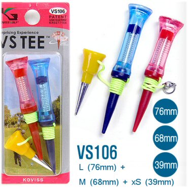 VS106 VS TEE zijn verkrijgbaar in divers modellen zodat u profiteert van het iedere keer op de juiste hoogte opteeën. De flexibele VS TEE kop is voor Driver Fairway Rescue Woods, Par 3 TEE of xS TEE is voor ijzer & wedges