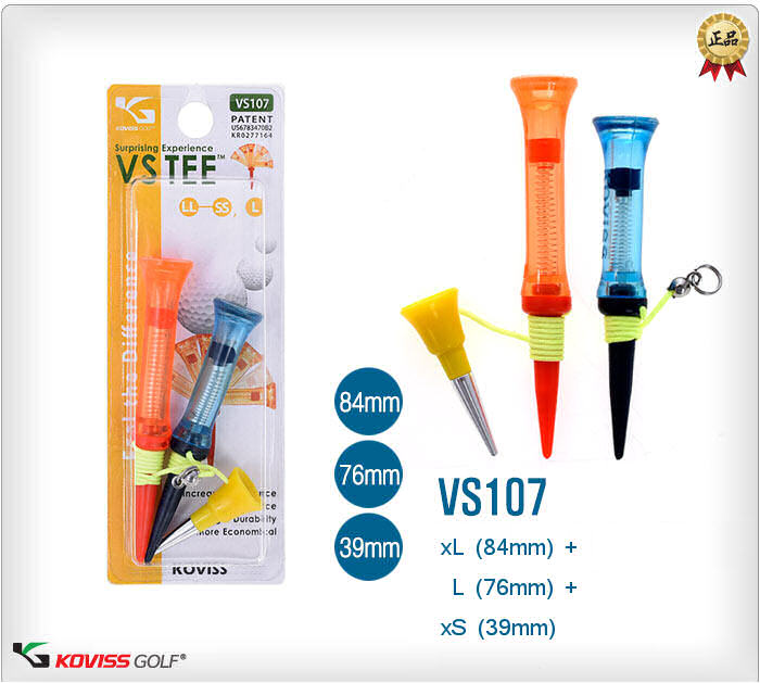 VS107 flexible  Schläger schonende Koviss Golf-TEE speziell für Driver Woods und Hybrid, xS oder Par3 Golftee ist für alle Abschläge mit den Eisen, nie mehr abschätzen wie hoch aufteen 
Koviss TEE sind USGA & R&A konform, Verbindungsschnur verhindert ein weit Wegfliegen, vordefinierte Aufteehöhen Golfball liegt immer in richtiger Aufteehöhe